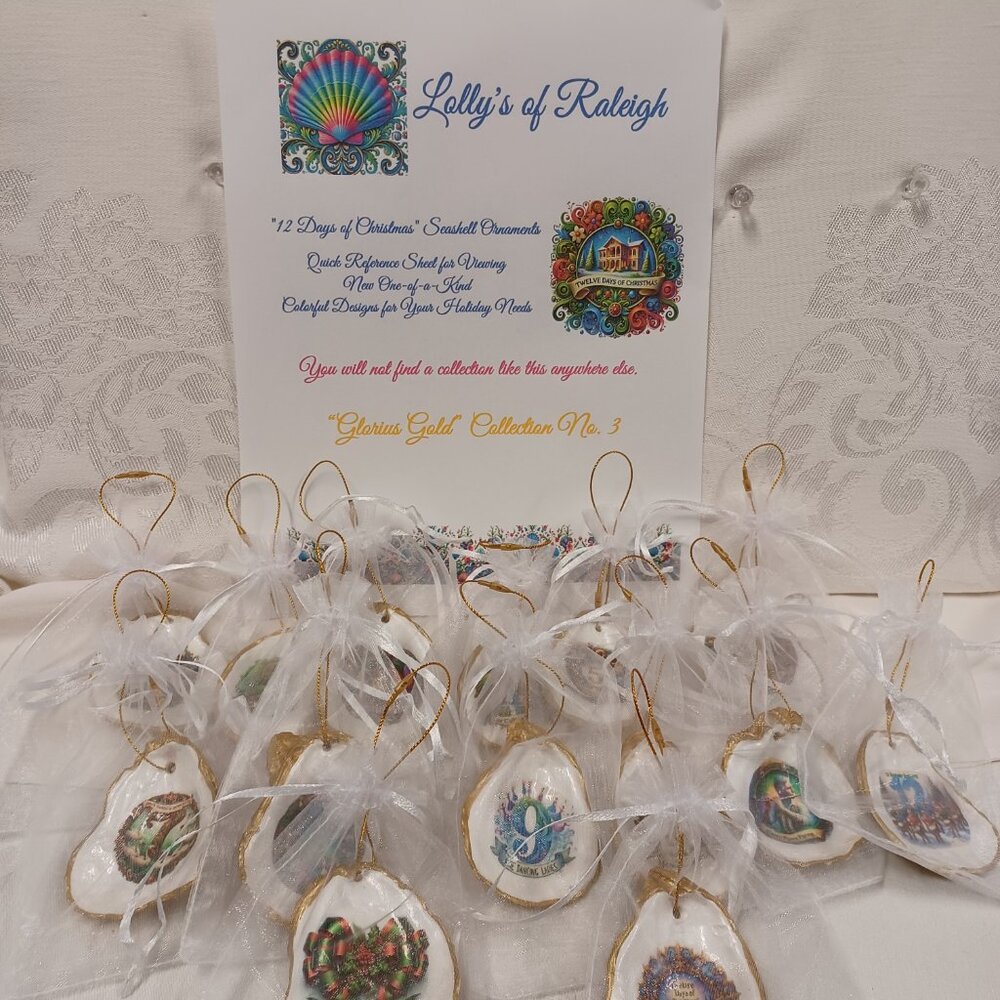 Glorious Gold #3 12 Days of Christmas Oyster Shell Ornaments + 2 Bonus Ornaments